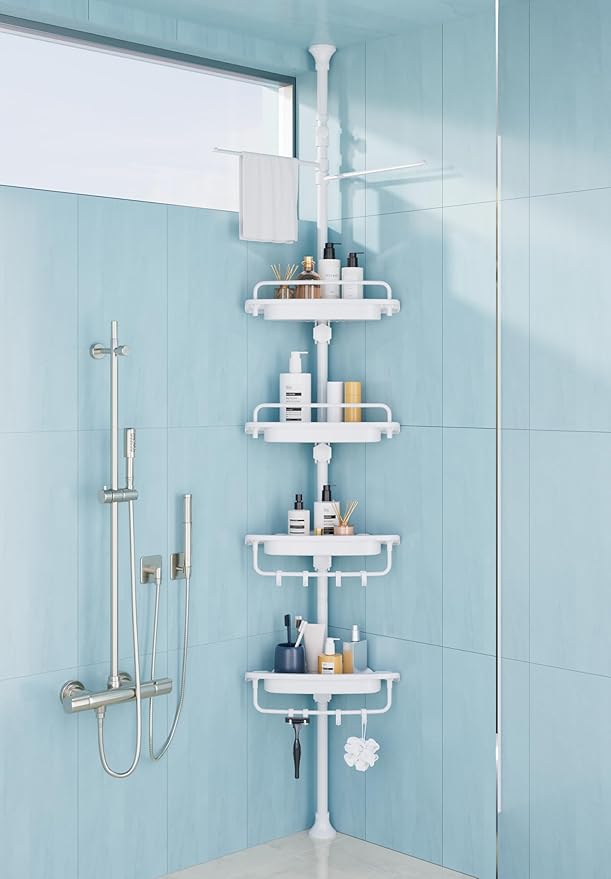 32-122inch Corner Shower Caddy Tension Pole All White, Rustproof Drill-Free Shower Shelves for Bathroom Bathtub Washbasin, Adjustable Shower Organizer with 4 Tier Patent Shelves & Towel Bars