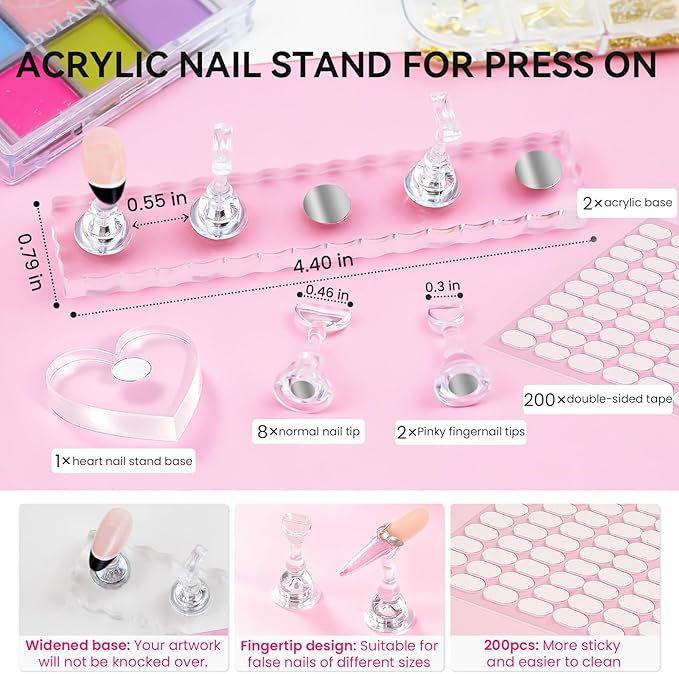 Nail Stand For Press On Acrylic Strong Magnetic Nail Holder Kit For Painting Nails Tip Arts Display With 200PCS Double-Sided Tape And 1 Heart Shaped Acrylic Magnetic Presson Stands Nail Art Supplies