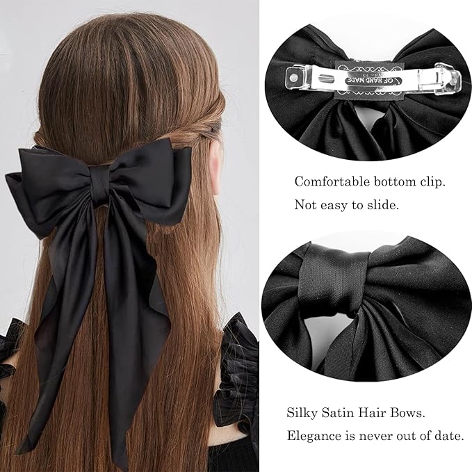 3 Pieces Large Hair Barrettes with Long Tail Bowknot Clips for Women and Girls (Red, Green, Black)