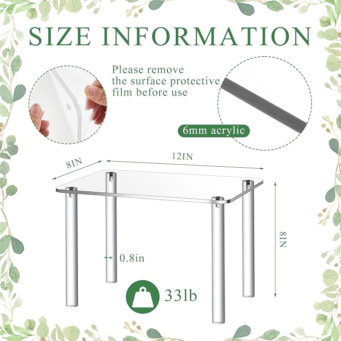 2 Pcs Extra Large 6mm Thick Acrylic Rectangular 4-leg Display Risers, Acrylic Plant Stand, Clear Shelf Riser Display Stands for Decor Collectibles Figures (12×8×8in)