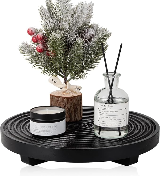 Round Decorative Tray Farmhouse Bathroom Decor Wood Riser Kitchen Countertop Organizer for Perfume, Candle, Plant, 9 inch Black