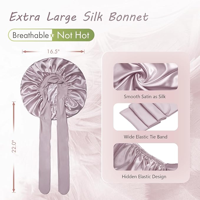 BONNET QUEEN Silk Bonnet for Sleeping Women Big Satin Bonnet Night Sleep Cap Wrap for Curly Hai rwith Adjustable Tie Band, Single Layer, Large, Rose Gold