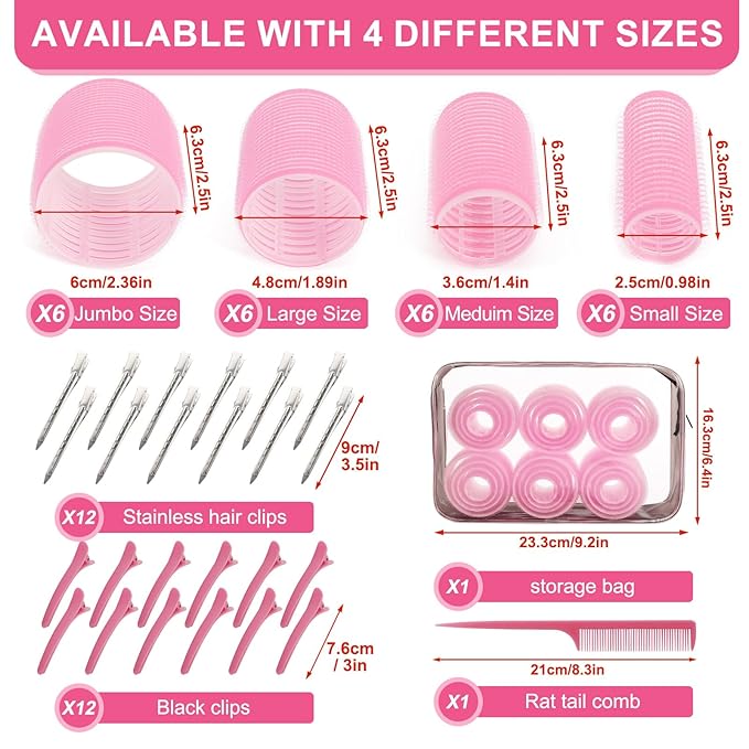 4 Sizes Hair Rollers Set with Clips - 50 Pcs Hair Curlers Rollers for Women, Self Grip Holding Hair Roller for Hair Long Medium Short Bangs Thick Fine Volume Thin, Pink