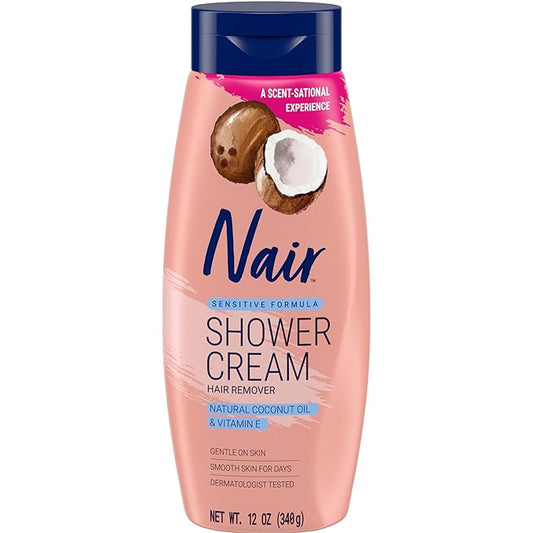 Nair Sensitive Formula Shower Cream, Quick and Easy Hair Removal Cream with Coconut Oil and Vitamin E for Body, 12 oz  
