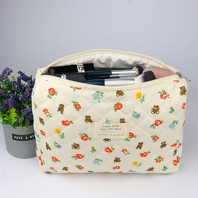 VIWIME Makeup Cosmetic Bag, Large Cotton Quilted Travel Coquette Aesthetic Cute Floral Make up Bag for Women Toiletry Bag Organizer (103- Bear/2Pcs)