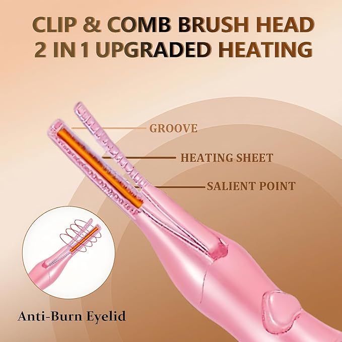 Heated Eyelash Curler - 2-in-1 Clip-Type Design, 3 Temperature Modes, USB Rechargeable Electric Eyelash Curler, Natural Curling 24H Long-Lasting Curl, Gift for Women & Girls, Light Pink