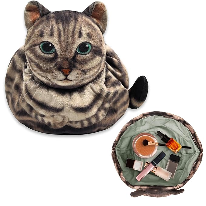 Drawstring Makeup Bag, Cat Makeup Bag, Travel Makeup Organizer, Cosmetic Pouch Bag, Cat Gift for Women, Lay Flat Makeup Bag Gifts for Cat Lovers(2-Pack)