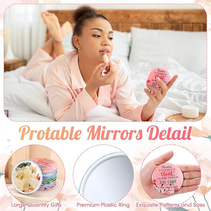 48 Sets Christian Gifts for Women Bible Verse Compact Mirror with Card Bag Inspirational Pocket Makeup Mirror Galentine Valentine Gifts for Mother Church Group Sunday School(Flower Color)
