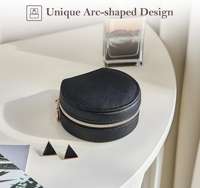 ProCase Travel Size Jewelry Box, Mini Portable Seashell-Shaped Jewelry Case with Mirror, 2 Layer Organizer in PU Leather for Women -Black