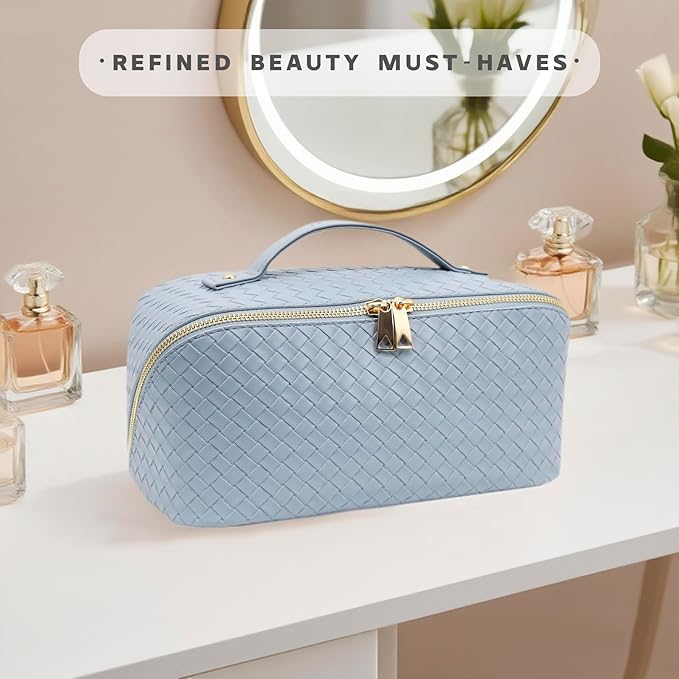 JINYIBAGS Travel Makeup Bag – Large Cosmetic Organizer with Waterproof PU Leather, Smooth Double Zipper & Tear-Resistant Lining, Toiletry Pouch for Women (Ice)