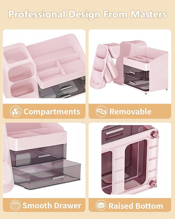 Anylady Makeup Organizer with Drawers, Skincare Organizer (Large Size Thick), Storage Box Cosmetic Display Cases, Make up Organizers for Vanity, Dresser, Desk, Kitchen, Countertop (Pink)