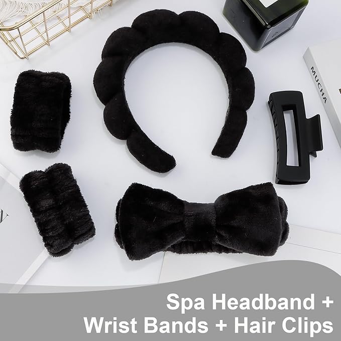 Canitor Sponge Spa Headbands Wristband Set with Hair Clips Skincare for Washing Face Non Slip Puffy Terry Cloth Makeup Headband Face Wash Wrist Bands Cute Trendy Stuff (black)