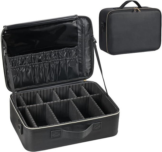 Makeup Travel Case, 16 Inch Makeup Artist Bag with Compartment and Dividers, Portable Cosmetic Bag for Women with Brush Storage Sturdy Dual Zip Closure, Waterproof, Durable, Gift for Her, Black