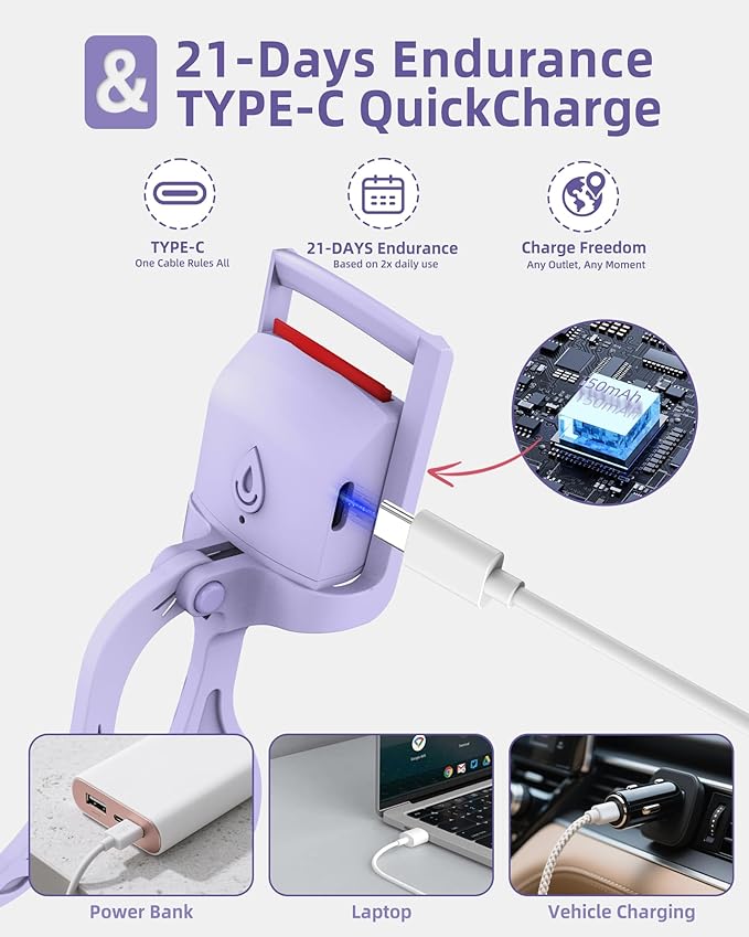 Heated Eyelash Curler, 5s Fast Heating Electric Eyelash Curler, Safe Anti-Burn Eyelash Curlers with Silicone Pad, Type-C Quick Charge, Intelligent Temp Control, 24H Long-Lasting Curls (Purple)
