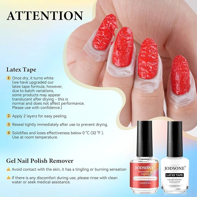 JODSONE Professional Gel Nail Polish Remover Kit:15ML Quick Gel Nail Polish Remover,Latex Tape Liquid,Remove at Home without Going Salon,No Need Soaking or Wrapping,3-5 Minutes Easy and Quick