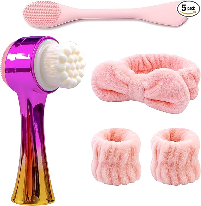 Facial Cleansing Brush 2 in 1Double-Sided Facial Cleaning Brush with Soft Bristles for Deep Pore Exfoliation, Wash Makeup, Massaging (Gold&Pink 5PCS)