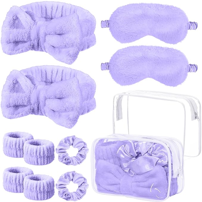Hoteam 10 Pcs Galentine Spa Party Supplies Valentine Gift Set Sleepover Party Favor Spa Headband Wristband Sleep Eye Mask Velvet Scrunchies for Skin Care Makeup Slumber Night Favor(Light Purple)