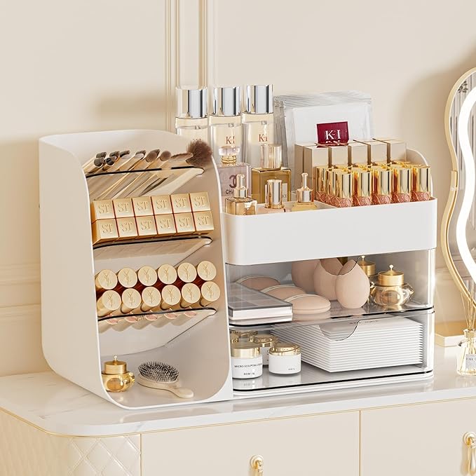 Makeup Organizer with Brush Holder for Vanity,Countertop Makeup Organizer with Drawers,Spacious Cosmetic Display Case,Perfect Storage Solution for Your Beauty Essential