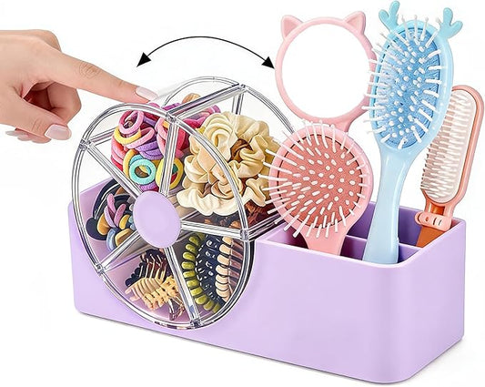 Hair Accessories Organizer for Girls, 2-Slot Hair Brush Holder & 5-Section Rotating Wheel, Cute Makeup Brush Holder for Hair Tile, Clip, Makeup Brush, Earring, Ring, Kids Vanity Accessories (Lavender)