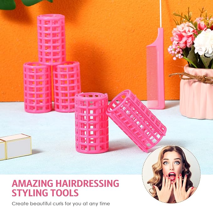 Syhood 12 Pcs Plastic Hair Rollers for Women Large Size Curlers Set Snap Roller Clips with Rat Tail Comb for Long Medium Short Hair Bangs, Salon Hairdressing Styling Tool(2.6 x 1.4 Inch,Pink)