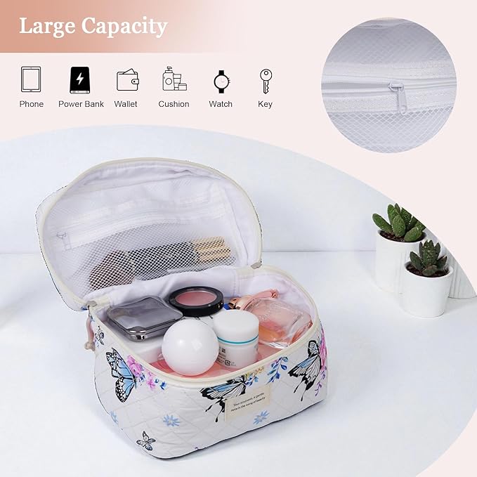 VIWIME Makeup Cosmetic Bag, Large Cotton Quilted Travel Coquette Aesthetic Cute Floral Make up Bag for Women Toiletry Bag Organizer (301-BlackButterfly)