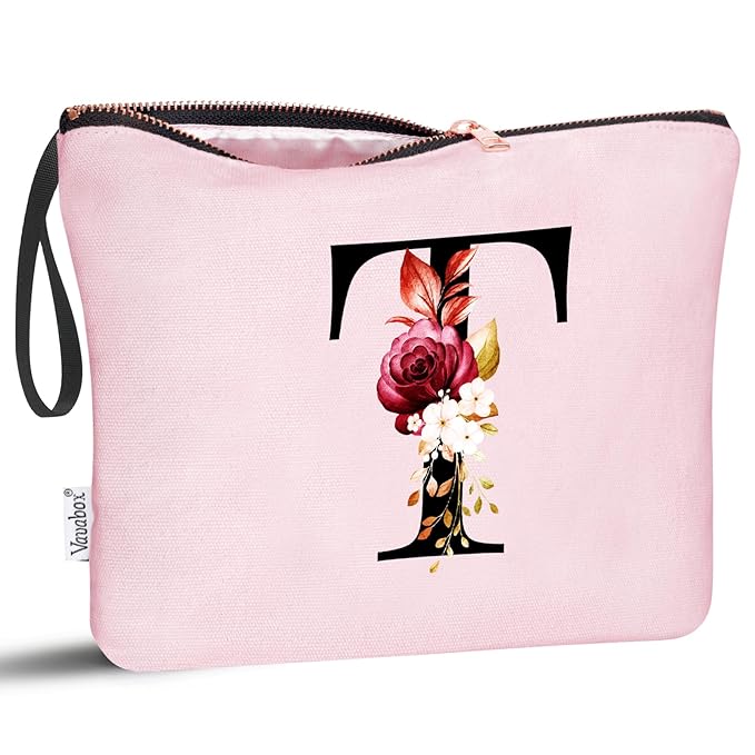 Vavabox A-Z Personalized Makeup Bag, Birthday Gifts for Women Mom, Gifts for Best Friend, Bride Bridesmaid Cosmetic bag (T, Pink)