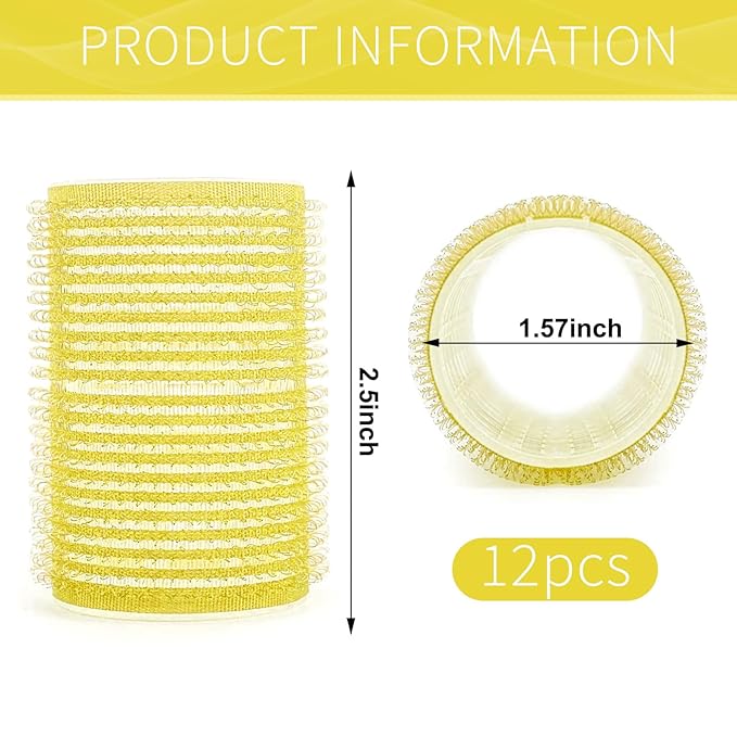 Hair Rollers, 12 Pack Self Grip Salon Hairdressing Curlers, DIY Curly Hairstyle, Large Rollers 1.57In Yellow