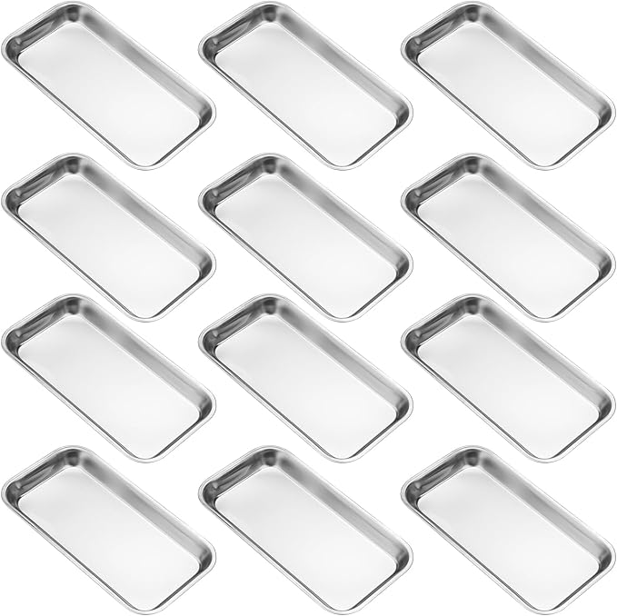 12 PCS 8.86 x 4.7 Inch Small Surgical Tray, Stainless Steel Medical Tray with Seamless Trays and Moderate Edge Height for Tattoo, Resin, Bathroom, Lab Instrument Supplies, by GENHAKON.