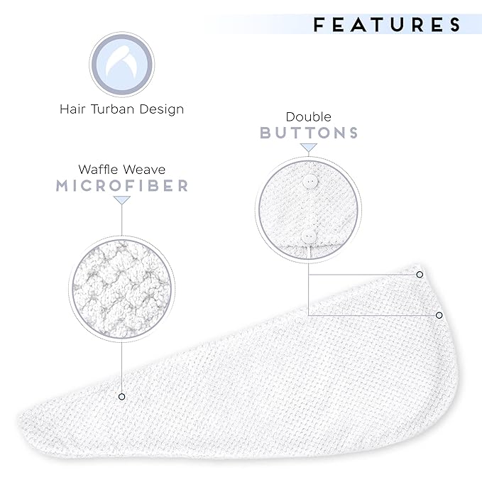 2 Pack Microfiber Hair Towel Wrap for Women, Anti Frizz Quick Drying Hair Turban for All Hair Style, Absorbent and Lightweight (Bright White)