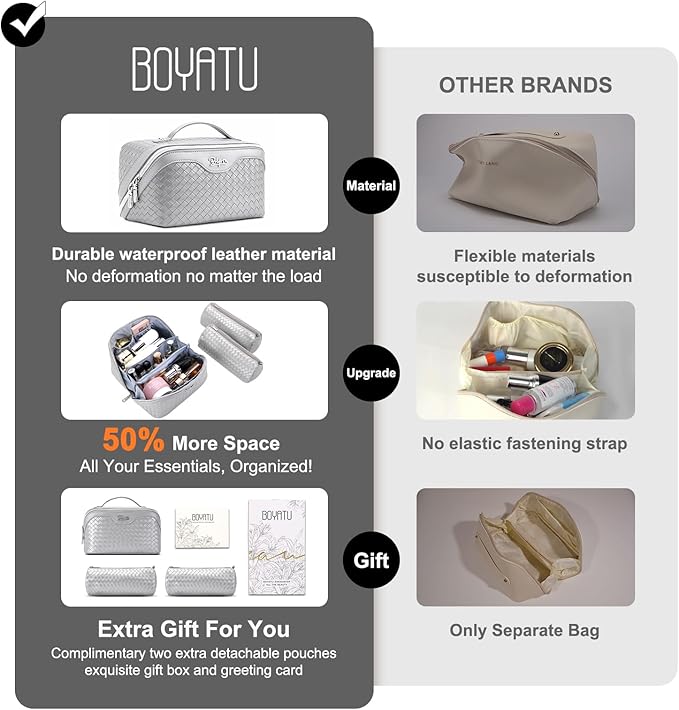 BOYATU Travel Makeup Bag Cosmetic Bags for Women: Large Capacity 3 Pcs Set Make up Bag with Compartments - Waterproof Vegan Leather Toiletry Organizer Bags with Handle (L34 Silver)