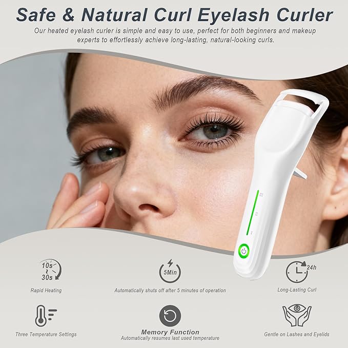 Heated Eyelash Curler, Type-C Rechargeable with 3 Temp Settings & Safe Silicone Pad for Natural Curls, Travel-Friendly (White)