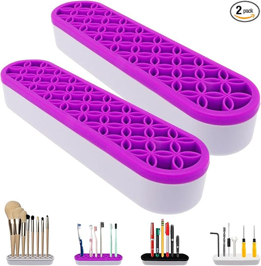 2Pcs Silicone Makeup Brush Holder Stand Purple Make Up Brushes Holder Organizer Makeup Brush Holders for Painting Pen Brushes Nail Clippers Drill Pens Ruler Sewing Craft Tools