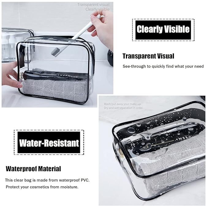 MODENGKONGJIAN TSA Approved Clear Toiletry Bag, 2 Pack Clear Quart Size Travel Makeup Cosmetic Bags with Handle Large Opening, Carry on Airport Airline Compliant Bag for Women Men (Black)