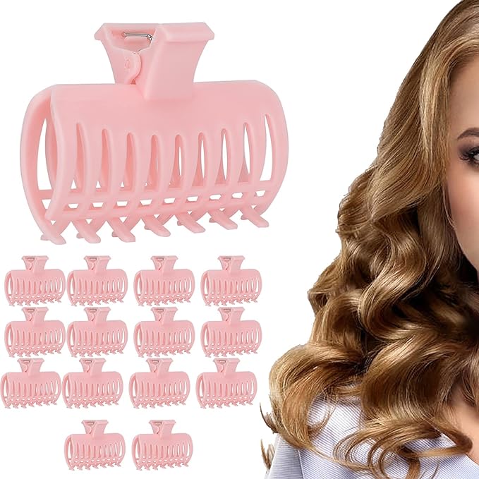 Haosie 15PCS Hot Roller Clips, Curler Claw Clips for Girls Women, Hair Section Fixing Clamps, Holding Hairdressing Tool for Long and Medium Hair (Pink)