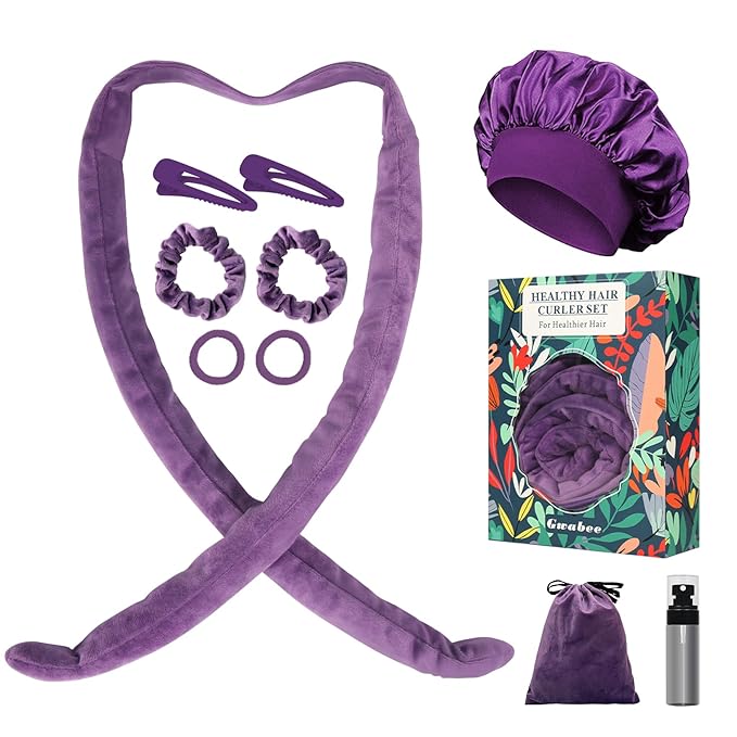 Hair Curlers to Sleep In, No Heat Curling Headband, Soft Overnight Curls Headband with Satin Bonnet, Non Heat Hair Curler Rollers Wrap Set for Women Girl Long Hair, 10 PCS with Gift Box -Purple