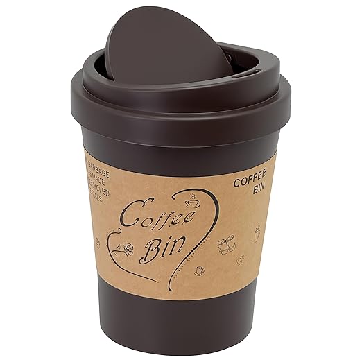 Soddeph Plastic Mini Trash Can with Swing-Top Lid, 0.9 Gallon Desktop Waste Bin for Coffee Table, Office, Small Countertop Wastebasket for Counter, Vanit (Coffee, Small)