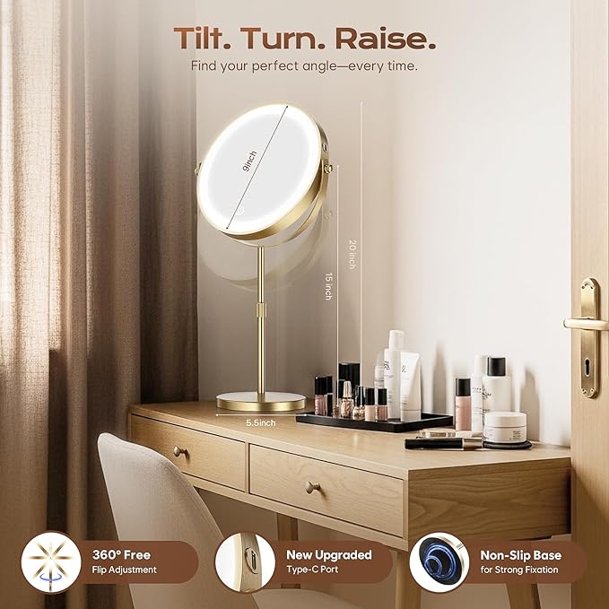 Makeup Mirror with Lights, 1x/20x 360° Rotation Vanity Mirror, Brightness Adjustable Lighted Makeup Mirror with Magnification, 5000 mAh Rechargeable Double Sided Mirror with 3 Colors, Gift for Women