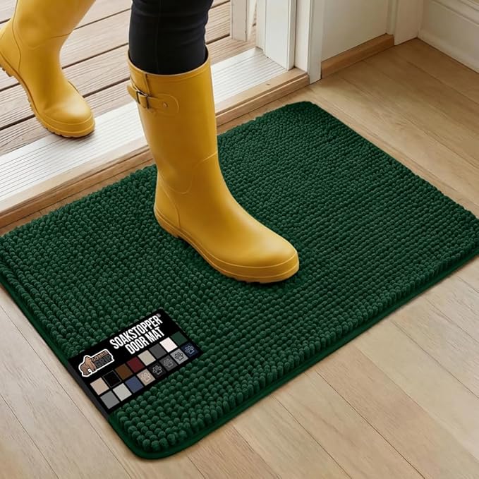 GORILLA GRIP SoakSTOPPER Dog Door Mat, 30x20 Machine Washable Rug Absorbent Doormat Captures Moisture Mud Dirt, Quick Dry Soft Chenille Entryway Rugs Indoor Entrance Mats for Dog Paws, Deep Green