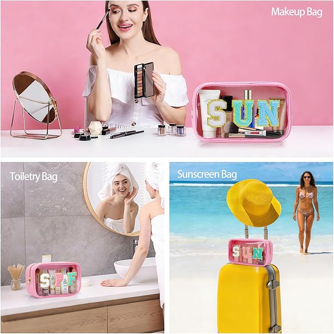 Clear Waterproof Makeup Bag, Cute Sunscreen Bag Pouch with Letter Patches, Travel Beach Pool Bag,Personalized Travel Toiletry Cosmetic Bags Gifts For Girl Women Mom Teacher Nurse (White-SUN)