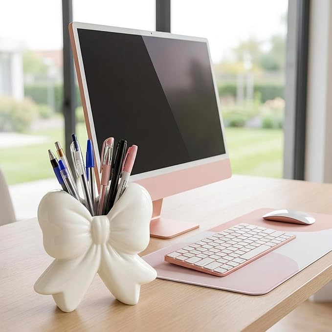 Bow Vase Coquette Ceramic Vase Pen Holder Makeup Brush Holder Contemporary Design Decorative Women Gift for Christmas Home Office Shelf Table Room(White,Small,Classic)