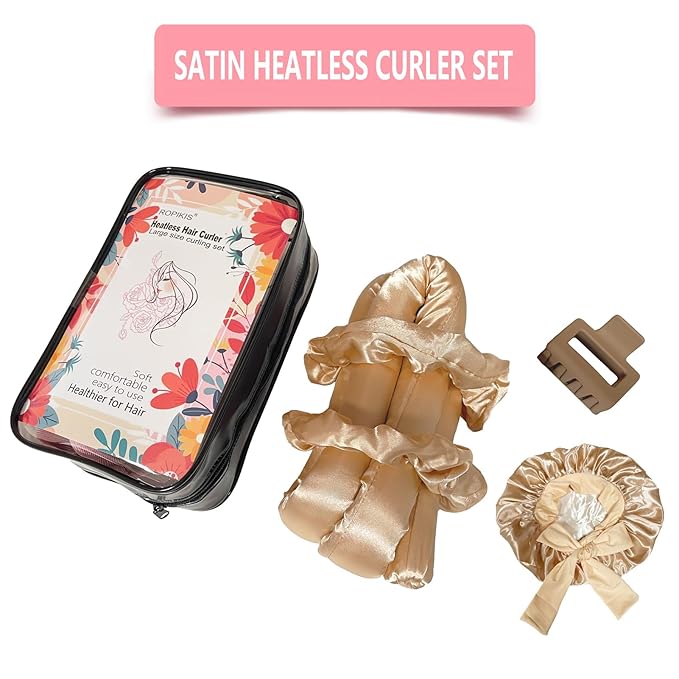 Satin Heatless Hair Curler Set, Heatless Curls Overnight, Hair Rollers for Soft Curls, No Heat Curlers to Sleep in, Curling Rod Headband with Hair Bonnet & Clip & Scrunchies (Travel Packing)