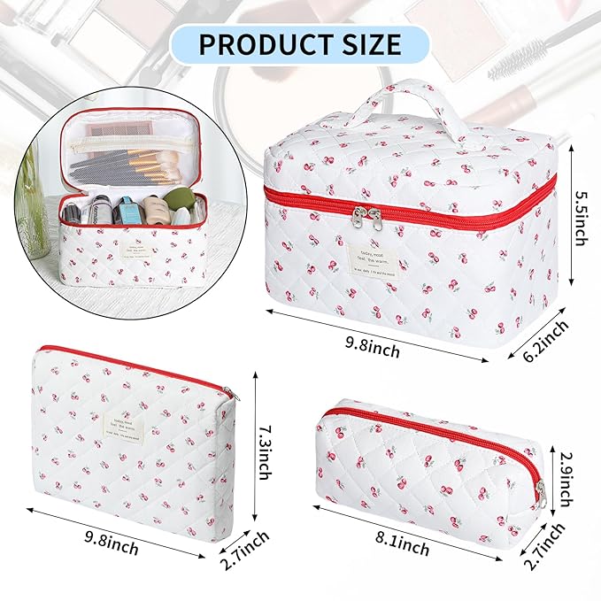 senbowe Floral Makeup Bag, 3 Pack Large Cotton Quilted Makeup Bag Set, Cute Floral Coquette Aesthetic Toiletry Bag Make Up Cosmetic Bag for Women, Toiletry Travel Make Up Organizer Bag