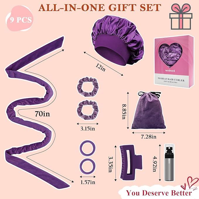 weiwei No Heat Curlers, Overnight Curls No Heat Curling Headband Soft Hair Curler Rollers to Sleep In, 70 Inches Non Heat Hair Wrap Curling Rod Ribbon for Women Long Wave Hair, 9 PCS Gift Set (Purple)