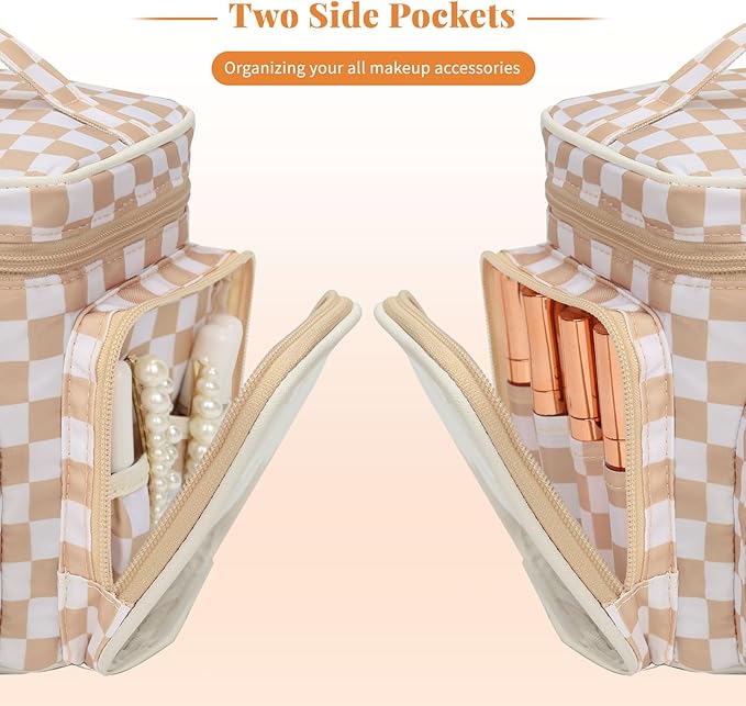 Large Makeup Bag, Portable Travel Makeup Bag Organizer for Women Girls with Makeup Brush Compartment & Two Side Pockets, Cosmetic Travel Bag Vertical Storage Toiletry- Checkerboard