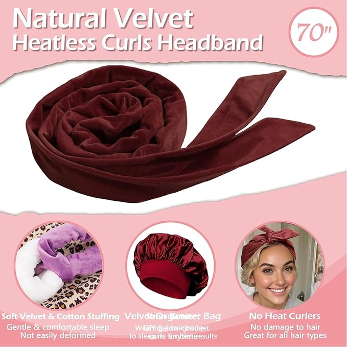 Heatless Curls Overnight Headband, 70'' No Heat Hair Curlers with Hair Bonnet for Sleeping, Wine Red