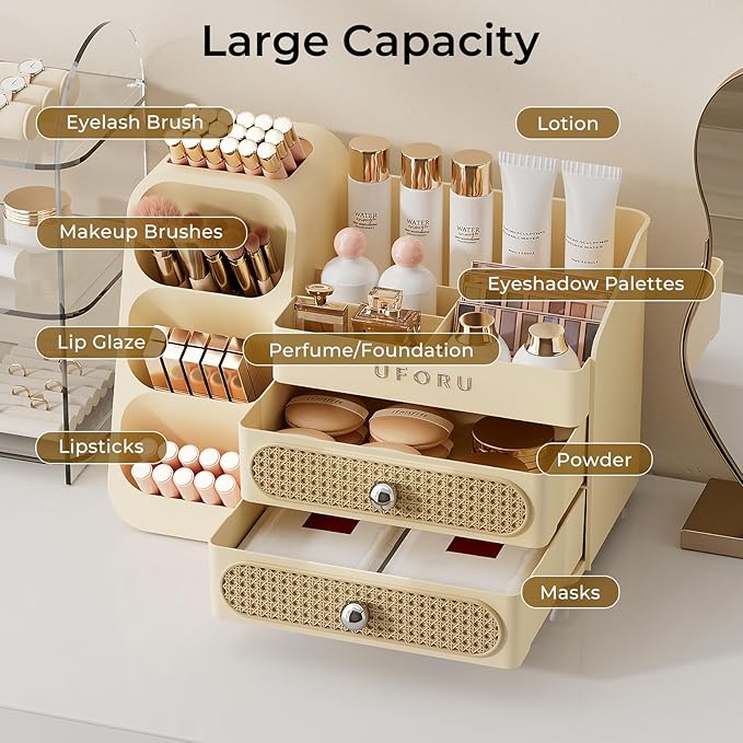 Makeup Organizer for Vanity with Brush Holder, Countertop Skincare Organizer with 2 Drawers, Spacious Cosmetic Display Case for Perfumes, Eyeshadow Palettes, Nail Polishes