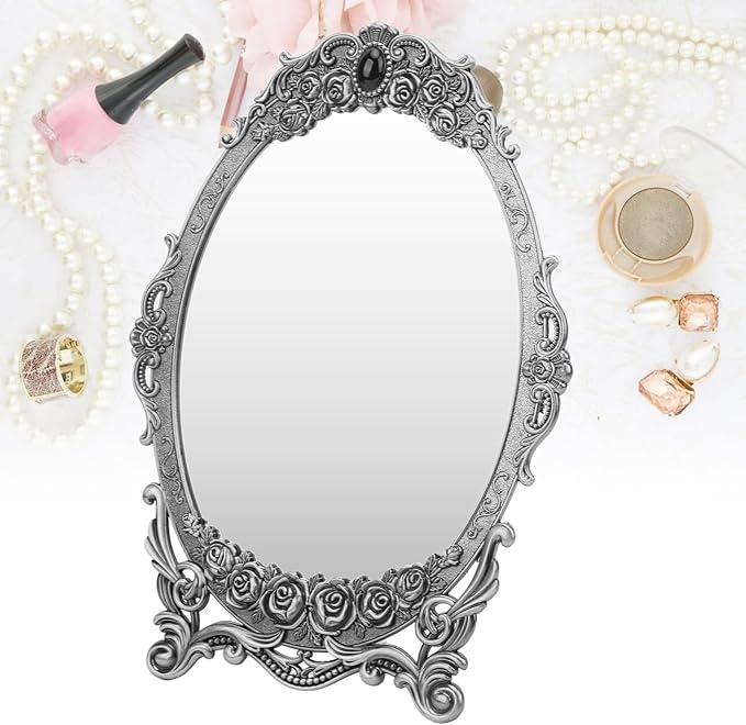 Cyrank Vintage Makeup Mirror, Oval Floral Mirror Decorative Tabletop Makeup Metal Vintage Cosmetic for Home Decorative(Antique Pewter)