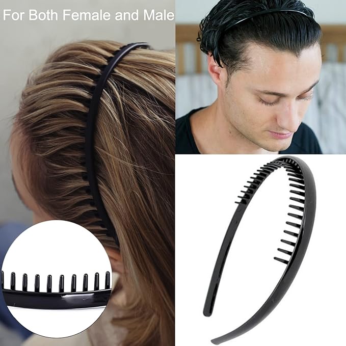 ULTIMUTE 8 PCS Fashion Effortless Plastic Headbands with Teeth Comb Black Skinny Headbands No Slip Hair Accessories Bands for Women Men Teen Girls, Leopard&Bright Black