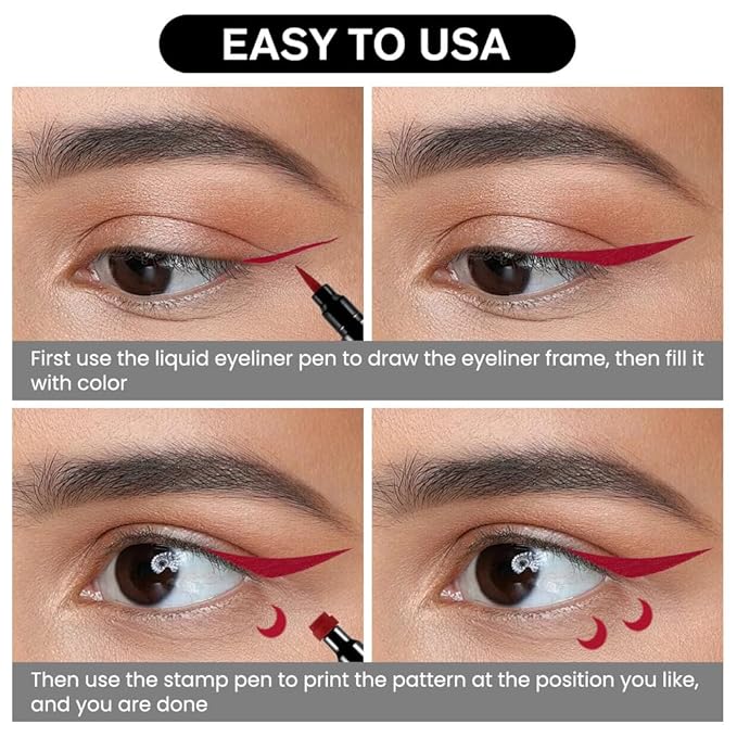 evpct 1Pcs 2-in-1 Red Colored Winged Eyeliners Stamp, Red Moon Face Stamps Makeup, Waterproof Eyeliner Eye Stamp Liners Tool Set Kit for Womem, Wing Eyeliner Stamp Figures Tool Wingliner Shapes, 11#
