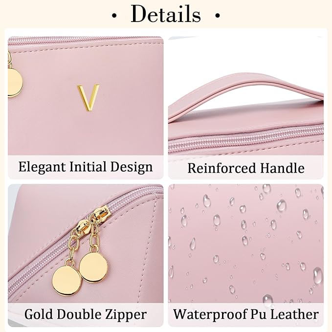 Birthday Gifts for Women Teen Girl, Personalized Initial Makeup Organizer Bag Set, Open Flat Travel Cosmetic Bag With Clear Divider and Handle(Pink,V)